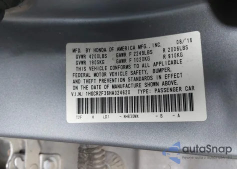 2017 Honda Accord Lx из США, поврежденный, VIN 1HGCR2F36HA024620